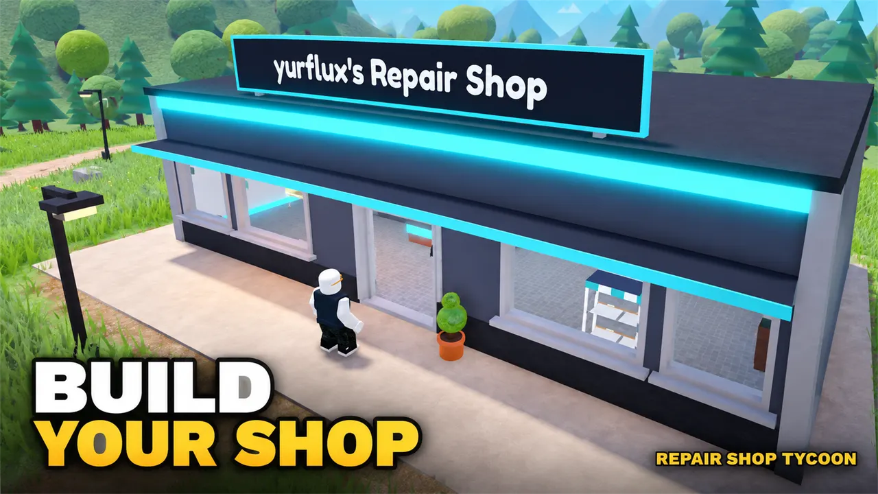 Ladenfront von Repair Shop Tycoon, Text: Build your shop
