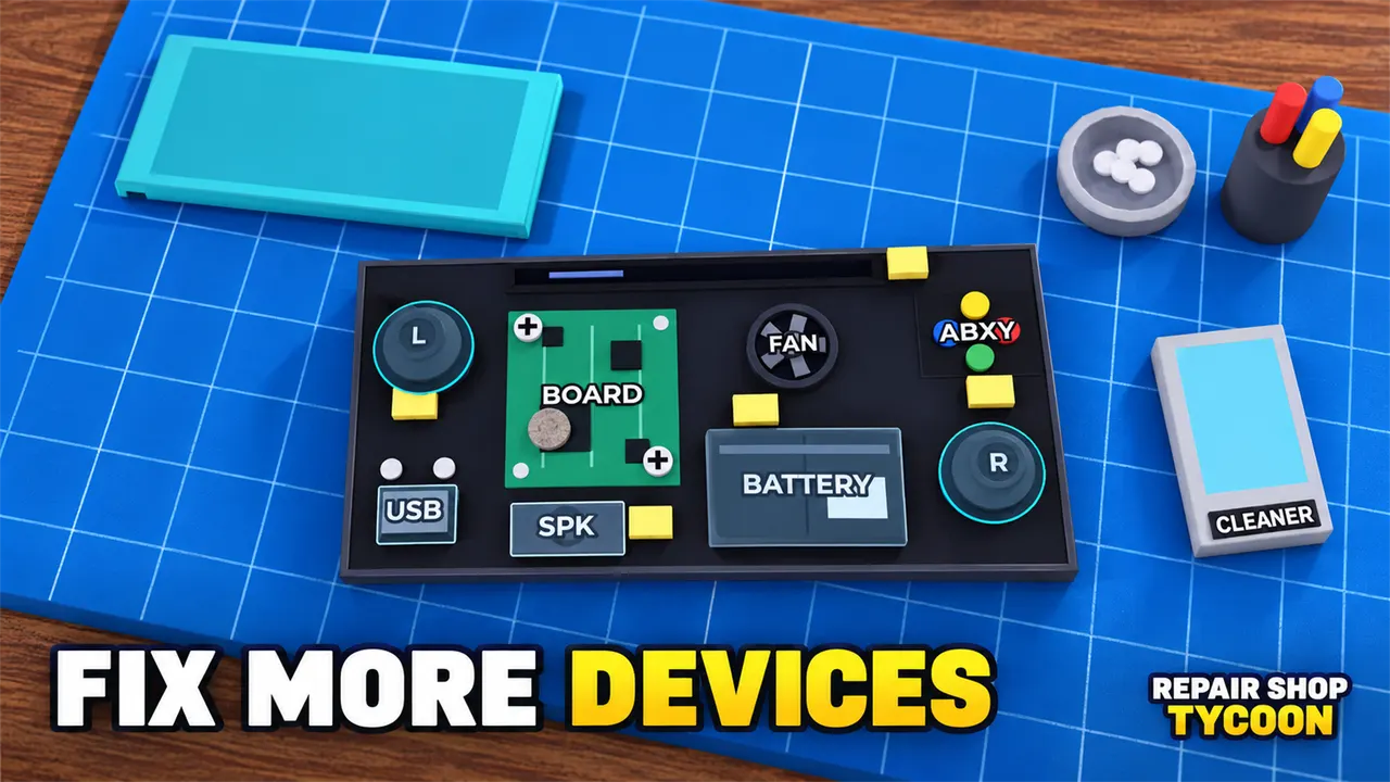 Konsole auf der Werkbank, Text: Fix more devices