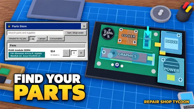 Teile-App am Shop-Computer, Text: Find your parts