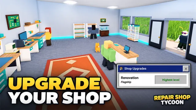 Ausgebauter Laden mit Upgrade-Fenster, Text: Upgrade your shop
